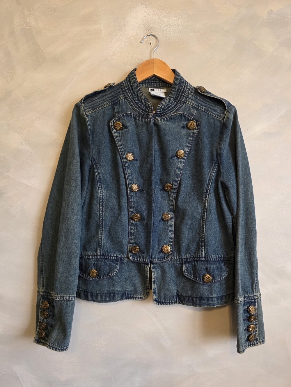 Vtg Carole Little Military Style Denim Jacket Gold Buttons Napoleon Sz 14